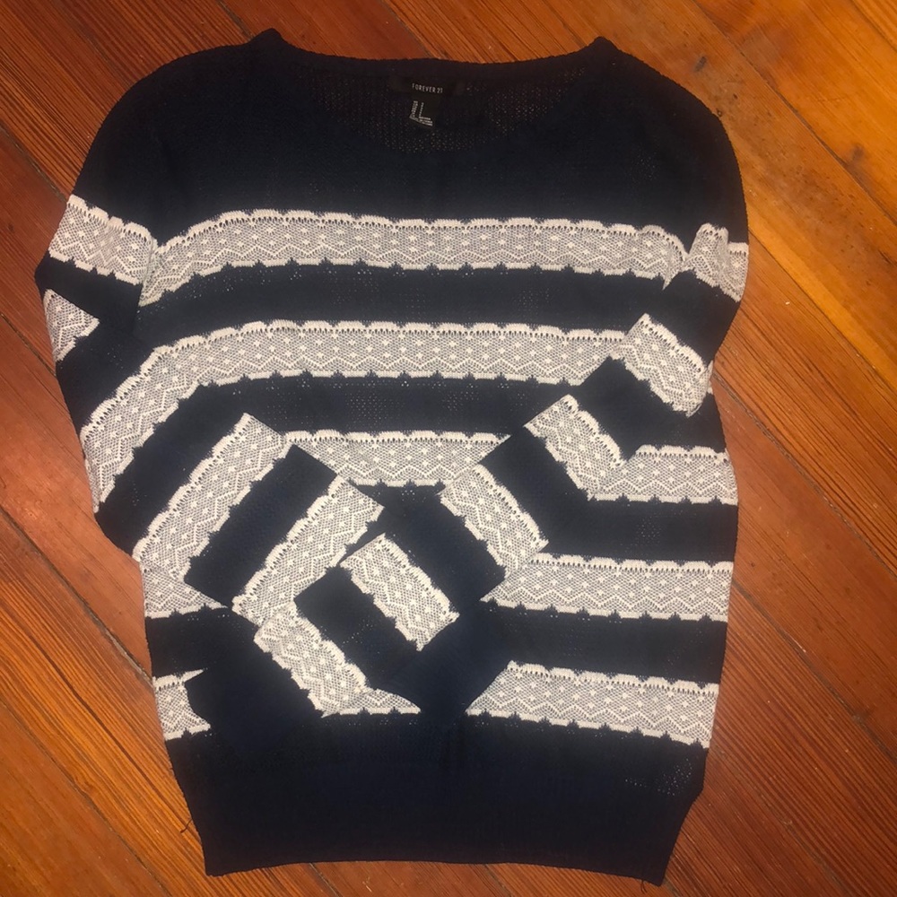 Women’s small Forever 21 long sleeved blue shirt with stripes of white lace